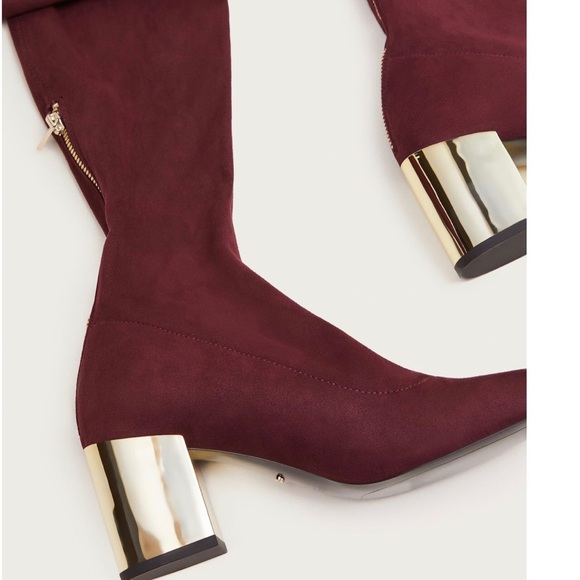 Metallic Heel High Boots Wine Gold Zip Accents - Picture 1 of 6